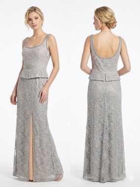 Vintage Bob Mackie Silver Lace Peplum Maxi Dress